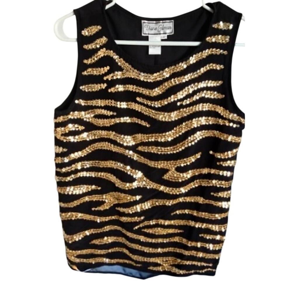 Vintage Diane Gilman Silk Gold Sequin Zebra Print Tank Top, Size Small